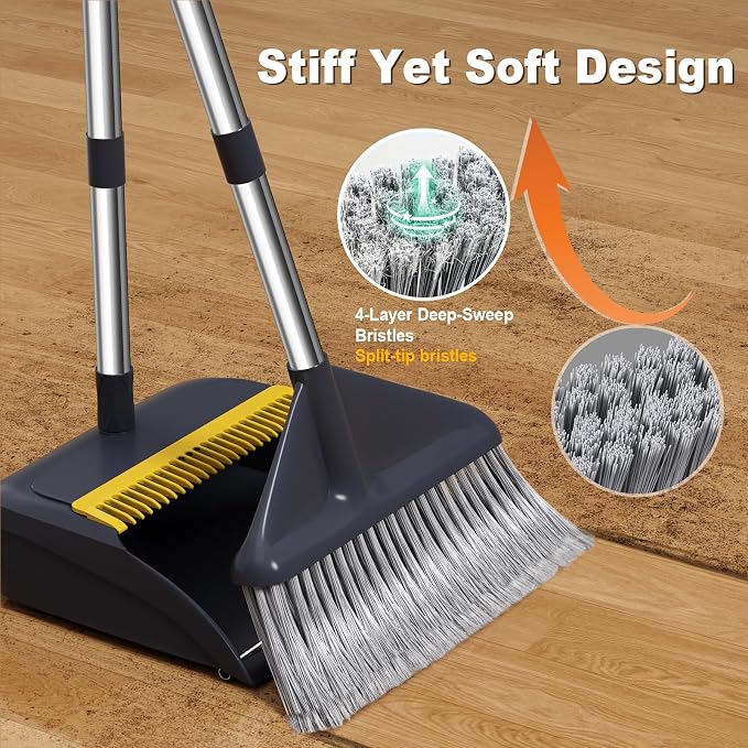 Broom and Dustpan Set with 52" Long Handle | Stand Up Dustpan with No Warping Metal Edge, 4-Layer Flagged-Tip Bristles, Hair Cleaning Teeth for Home, Kitchen & Office