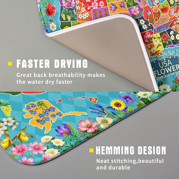Flower Map Dish Drying Mat American Floral Decoration Coffee Mat for Kitchen Counter