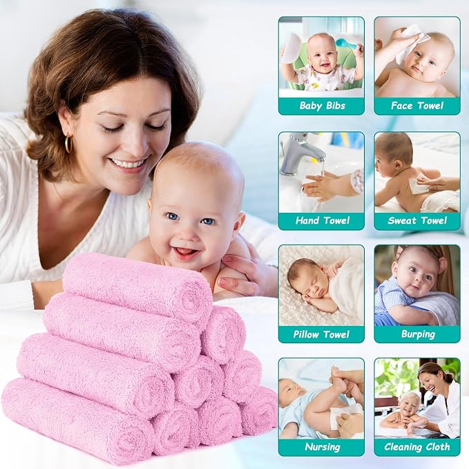 HOMEXCEL Baby Washcloths 12 Pack-Microfiber Coral Fleece Baby Bath Face Towel 7 x 9 Inch Extra Absorbent Soft Burp Cloth and Wash Cloths for Newborn-Infants and Toddlers,Light Pink