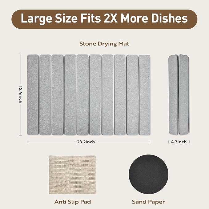 Large Stone Drying Mat for Kitchen Counter 24x16 Inch, Diatomaceous Earth Super Absorbent | Quick Dry Non-Slip Collapsible Dish Mat for Dishes Utensils Cups | Eco-Friendly Counter Protector, Grey