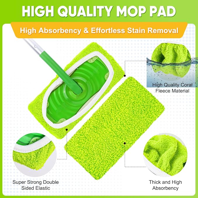 6-Pack Reusable Microfiber Mop Pads Compatible with Swiffer Sweeper, Dry & Wet Sweeping Cloths - Washable Wet Pads Refill for Multi-Surface/Hardwood Floor Cleaning -Fluorescent Green