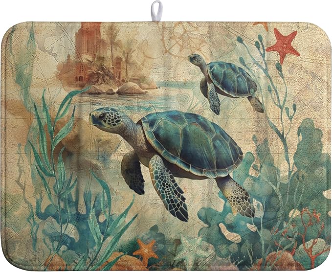 Sea Turtle Dish Drying Mat for Kitchen Counter Vintage Ocean Animal Microfiber Absorbent Dish Drainer Rack Mat Nautical Drying Mats Large Dish Draining Mat 18x24 Inch, 240220