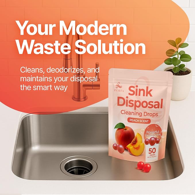 Sink Garbage Disposal Cleaner 50-Count | Easy-Use Garbage Can Odor Eliminator with Powerful Cleaning Action | Peach Scented Sink Drain Cleaner and Sink Smell Eliminator | Quality Home Living by Perfa