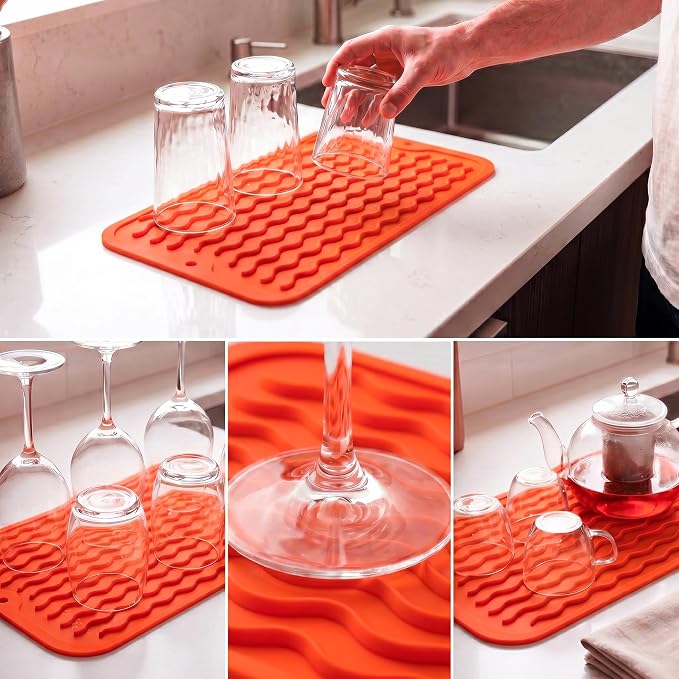 MicoYang Silicone Dish Drying Mat for Multiple Usage,Easy clean,Eco-friendly,Heat-resistant Silicone Mat for Kitchen Counter or Sink,Refrigerator or Drawer Liner Orange S 12 inches x 6 inches