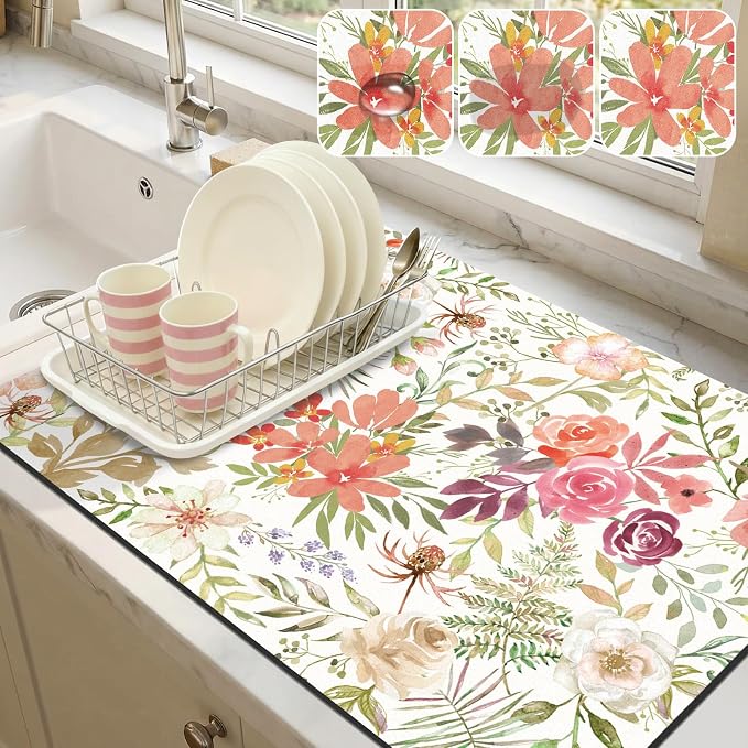 LOKHOM Dish Drying Mat for Kitchen Counter, 18"x24" Absorbent Coffee Bar Mat with Pink Roses Petals, Dish Drainer Rack Mat for Kitchen Counter and Dining Room Decoration