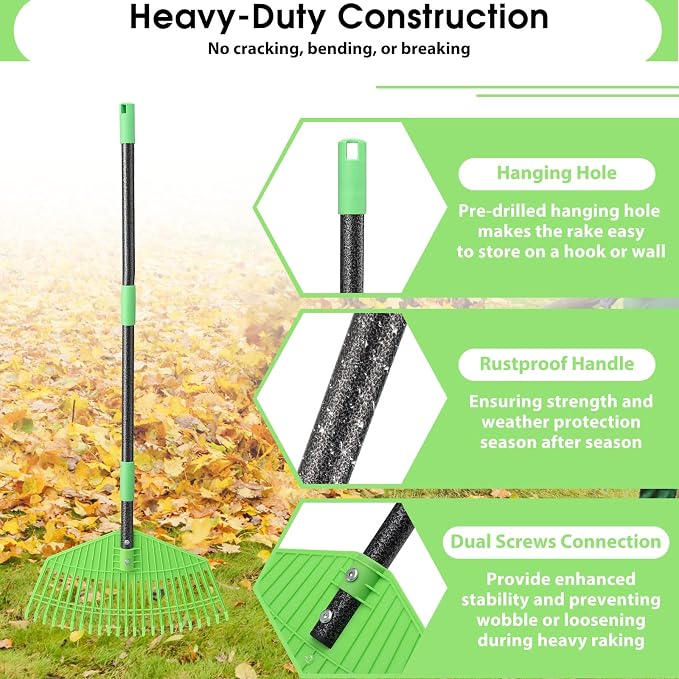 Garden Leaf Rake,16.5” Plastic Leaf Rake for Lawn,Unbreakable Nylon Head, No Harm to Lawn Grass,Yard Raking Tools for Turf Leaves Thatch Debris Pine Needle Cleanup, Lightweight for Kids Seniors