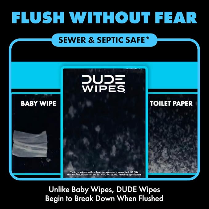 DUDE Wipes Unscented Flushable Wipes - Extra-Large Adult Wet Wipes for Sensitive Skin - 6 Pack (288 Count) - Infused with Vitamin E and Aloe - Septic and Sewer Safe