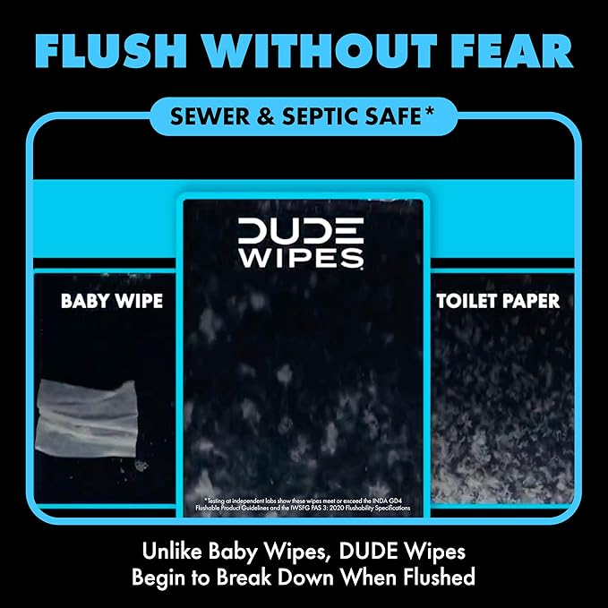 DUDE Wipes Unscented Flushable Wipes - Extra-Large Adult Wet Wipes for Sensitive Skin - 3 Pack (144 Count) - Infused with Vitamin E and Aloe - Septic and Sewer Safe