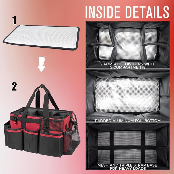 SCAVATA Wearable Cleaning Caddy, Cleaning Caddy Supplies Organizer with Handle & Shoulder Straps for Housekeepers, Under Sink & Car Cleaning Tool Organizers Bag with 4 Foldable Divider (Wine)
