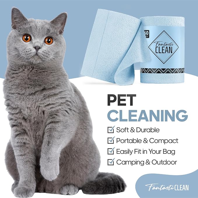 Fantasticlean Microfiber Cleaning Cloth Roll -60 Pack, Tear Away Paperless Towels, 8" x 8", Reusable Washable Rags, for House Kitchen, Pet, Office, Indoor Outdoor, Compact and Portable (Baby Blue)