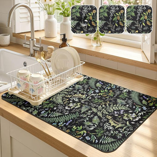 LOKHOM Dish Drying Mat for Kitchen Counter, 12"x20" Absorbent Coffee Bar Mat with Vintage Botanic Fern Leaves, Sage Green Plant Dish Drainer Rack Mat for Kitchen Counter
