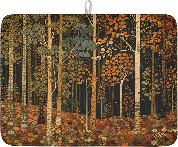 Fall Dish Drying Mat for Kitchen Counter Autumn Forest Vintage Botanical Nature Microfiber Dish Drainer Mat Antique Rustic Farmhouse Absorbent Washable Drying Pad 18"x24"