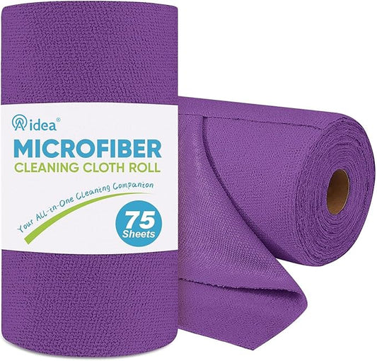 AIDEA Microfiber Cleaning Cloth Roll-75PK, Purple Paper Towels, 11.5"×11.5" | Reusable Tear Away Cloth, Microfiber Towels for Cars, Lint Free Cleaning Rags for House, Kitchen, Window, Cleaning Supplies