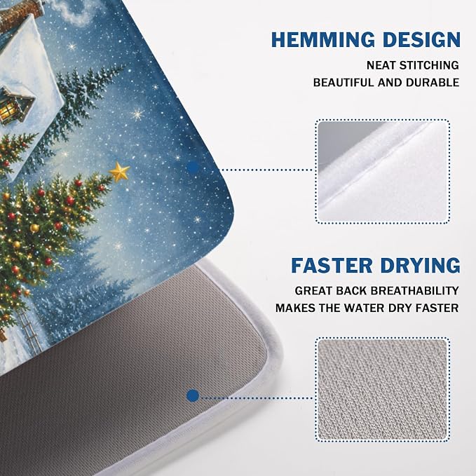 Merry Christmas Dish Drying Mat for Kitchen Counter 18x24 Inch Snowman Truck Dish Drainer Mat Absorbent Microfiber Winter Snowflake Dish Rack Pad for Coffee Dining Bar Decor