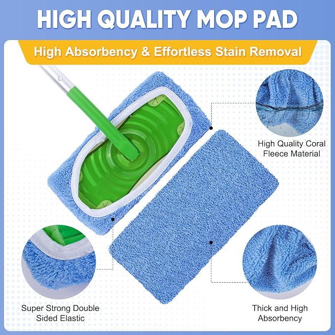 6-Pack Reusable Microfiber Mop Pads Compatible with Swiffer Sweeper, Dry & Wet Sweeping Cloths - Washable Wet Pads Refill for Multi-Surface/Hardwood Floor Cleaning -Blue