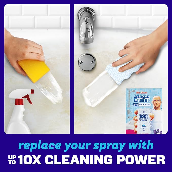 Mr. Clean Magic Eraser Sponge, Bathroom Cleaner, Shower Cleaner, Tub Cleaner, Soap Scum Remover, Bathroom Cleaning Supplies, Dawn Cleaning Power with Febreze Lavender Scent, 5ct