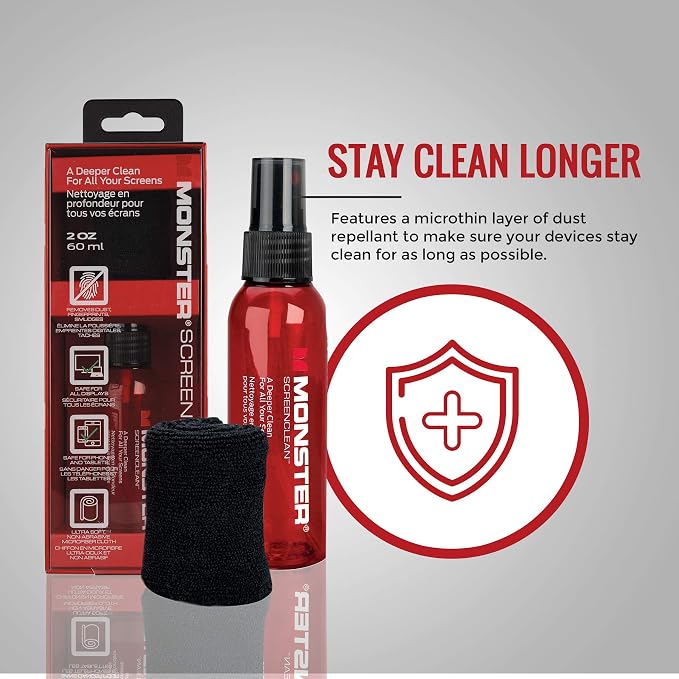 Monster Screen Cleaner Kit with Microfiber Cloth, 60 mL Screen Cleaner Spray for TVs, Monitors, Laptops, Tablets, Smartphones, Eyeglasses, LCD LED OLED Display Cleaner