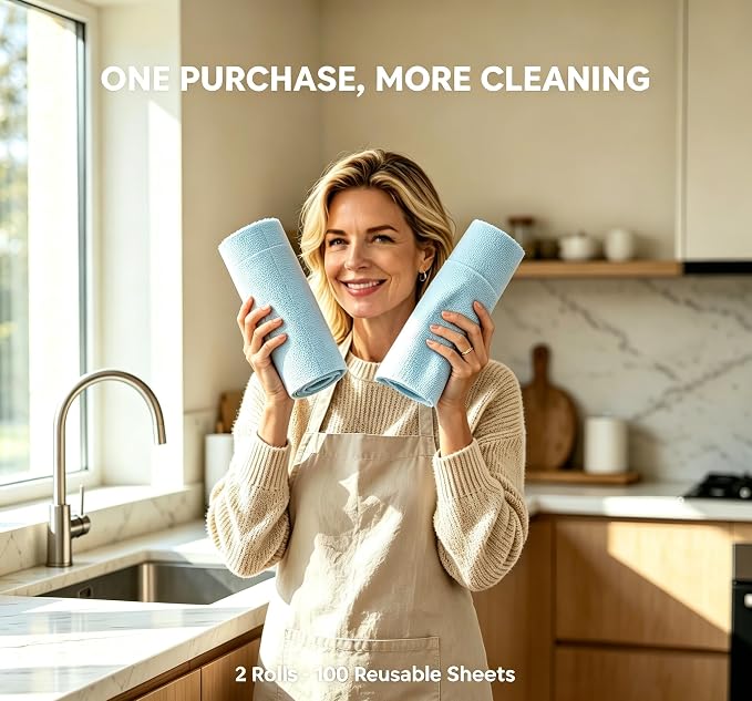Jessy Home 2 Roll Reusable Paper Towels,100 Sheets Tear Away Microfiber Cleaning Cloth, Lint Free Cleaning Rags for Kitchen, Dishcloth,Household Cleaning Supplies