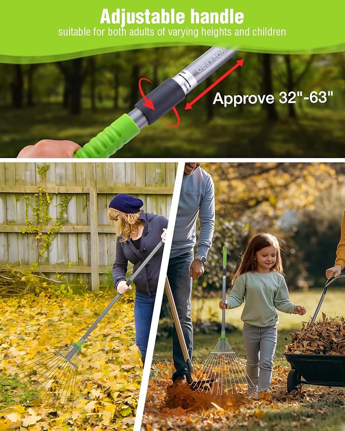 WORKPRO Adjustable Garden Leaf Rake, Heavy Duty Metal Lawn Rake with Extendable Handle 32"–63", Collapsible Rake Head 7.5"–20", Telescopic Yard Rake for Leaves, Grass, Pine Needles & Garden Cleanup
