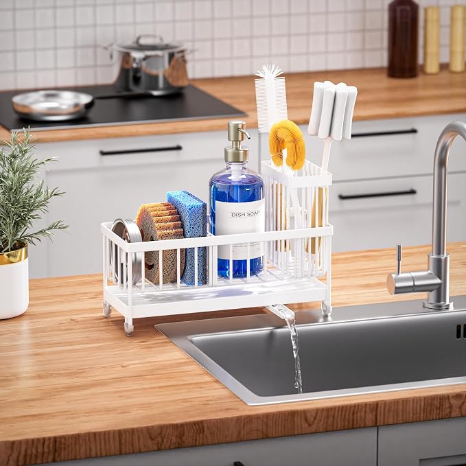Cisily Sponge Holder for Kitchen Sink, Sink Caddy Organizer with High Brush Holder, Kitchen Countertop Organizers and Storage Essentials, Rustproof 304 Stainless Steel (White, 9.25″)