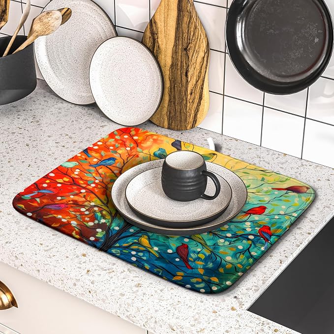 Colorful Spring Summer Tree Bird Dish Drying Mats for Kitchen Counter 16”x18” Absorbent Reversible Microfiber Spring Floral Dish Drying Pad Seasonal Flowers Mat Dish Draining Mat for Countertop Decor