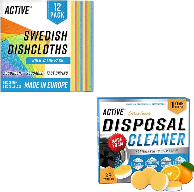 ACTIVE Swedish Dishcloths and Disposal Cleaner - Includes 12ct Cellulose Dish Cloths and 24ct Garbage Disposal Cleaning Tablets