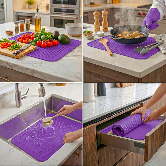 MicoYang Silicone Dish Drying Mat for Multiple Usage,Easy clean,Eco-friendly,Heat-resistant Silicone Mat for Kitchen Counter or Sink,Refrigerator or Drawer Liner Purple 2XL 24 inches x 18 inches