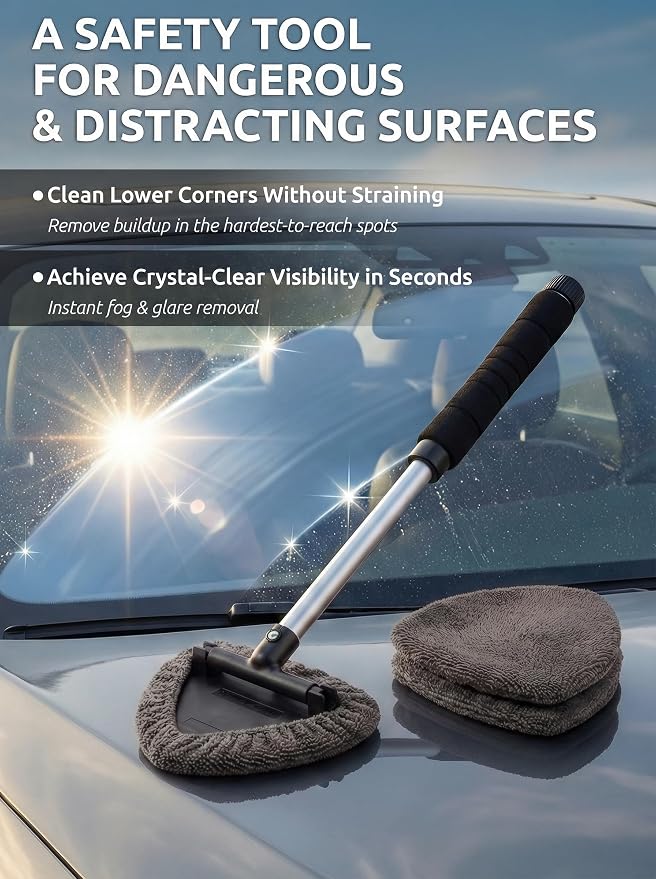 TAKAVU Window & Windshield Cleaner, Extendable, 3 Microfiber Pads (Grey) | Pivoting Triangle Head Wiper Cleans Interior & Exterior Glass, 3 Washable Reusable Bonnets, Lint-Free