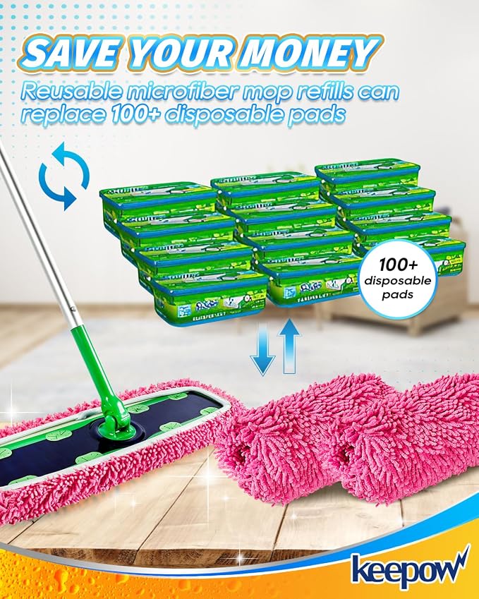 KEEPOW Reusable Microfiber Mop Pads for Swiffer XL Mop | 2 Pack Pink, XL Dry Sweeping Cloths, XL Wet Pads Refills, Heavy Duty Mopping Cloths for Floor Mopping and Sweeping