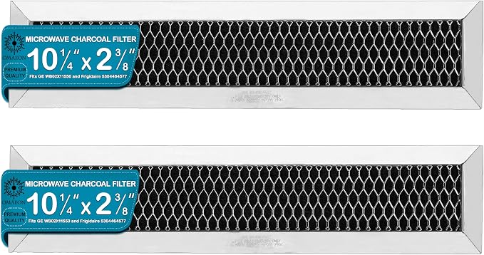 WB02X11550 Microwave Charcoal Filter Replacement JX81L 5304464577 2-Pack | Replaces Frigidaire FRPAMRAF & WB02X28929. Fits GE & Hotpoint microwaves. Size: 2-3/8" x 10-1/4". Verify before ordering.