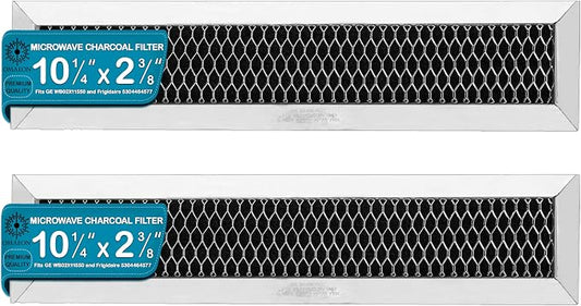 WB02X11550 Microwave Charcoal Filter Replacement JX81L 5304464577 2-Pack | Replaces Frigidaire FRPAMRAF & WB02X28929. Fits GE & Hotpoint microwaves. Size: 2-3/8" x 10-1/4". Verify before ordering.