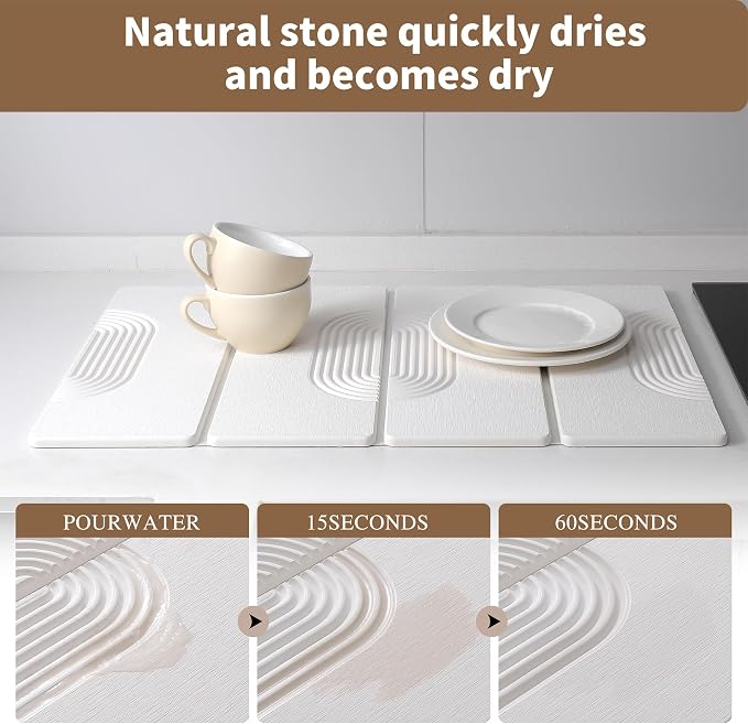 Foldable Stone Dish Drying Mat for Kitchen Counter, Diatomaceous Earth Drying Mat with Non-Slip Backing, Heat Resistant Multifunctional Mat for Kitchen & Bathroom, Instant water absorption-(24"×16")