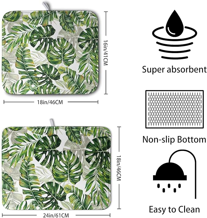Tropical Palm Leaves Dish Drying Mat for Dishes 16x18 Inch Spring Green Monstera Leaf Drying Mat Watercolor Herbs Dish Drainer Mat Super Absorbent Dish Rack Pad for Coffee Bar Sinks