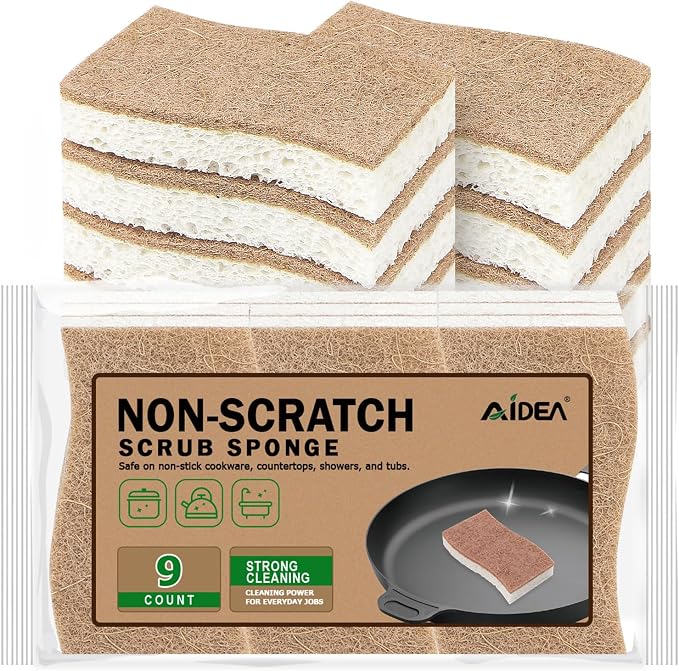 AIDEA Sponges Kitchen, 9Count, Dish Sponges Non Scratch, Natural Sponge for Non-Stick Cookware, Cellulose Scrub Sponge for Dishes, Cleaning Power for Kitchen, Bathroom, Household