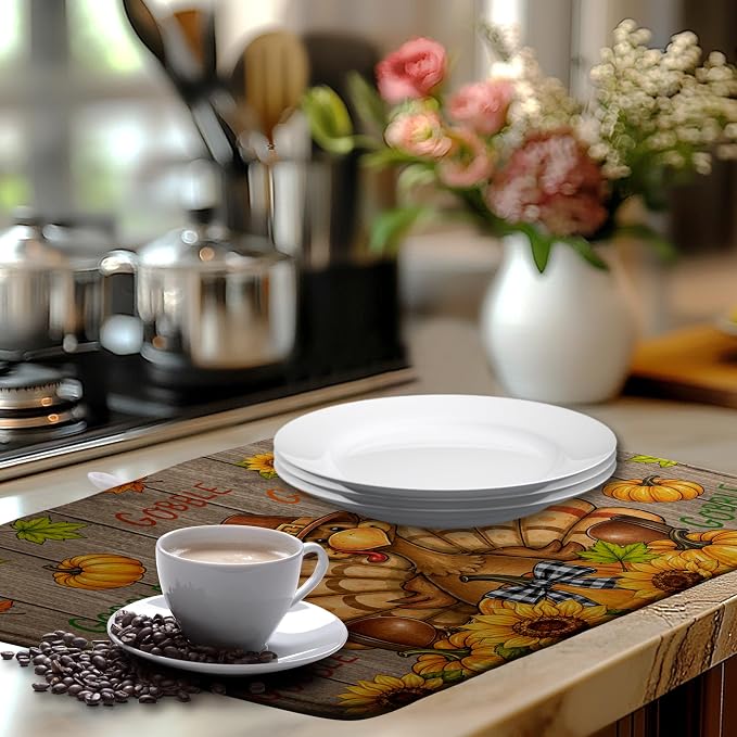 Happy Thanksgiving Turkey Dish Drying Mats Fall Pumpkin Dish Mat Drying Matt Autumn Dishes Dryer Pad for Kitchen Counter Absorbent Microfiber Washable Foldable Reusable 18x24 in