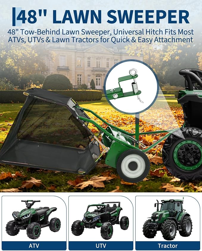 Garvee Tow Behind Lawn Sweeper 48 Inch, Heavy Duty Leaf & Grass Collector | Yard Sweeper Pull Behind,16 cu.ft. Leaf Collector,Tool-Free Adjustable Brush Height,Dumping Rope for Yard,Driveway,Sidewalk