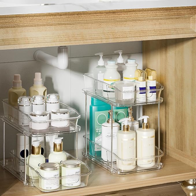 Delamu 2-Tier Under Sink Organizers and Storage, Multi-Purpose Stackable Bathroom Cabinet organizers, Pull Out Kitchen Pantry Organization and Storage with Dividers(2 Pack, Clear)