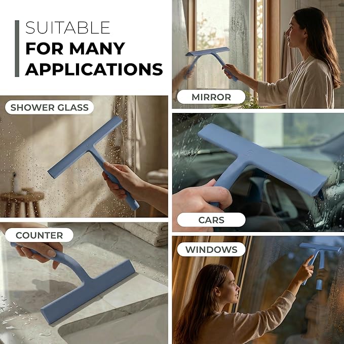 GÜTEWERK Silicone Shower Squeegee for Glass Doors & Mirrors with Stainless Steel Core, Streak-Free & No-Squeak Window Cleaning, 3-in-1 No-Drill Mount (Hook/Suction/Adhesive),Blue, 11 Inches