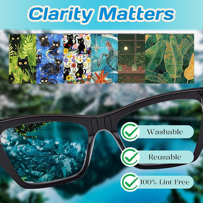 6 PCS Glasses Cleaning Cloth Eyeglass Lens Cleaning Cloth Eyeglasses Wipes Microfiber Reusable Soft for Phone Screens Camera Unisex Women Girls Cute Aesthetic (6.3"x6.3")-Black Cat