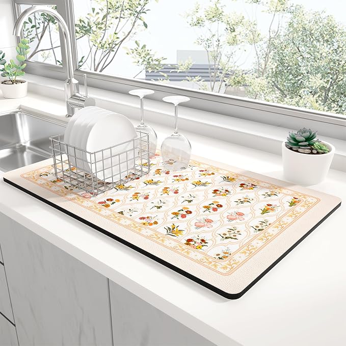 Rnivvi Dish Drying Mat for Kitchen Counter, XL 15 x 24" Cute Flower Theme Absorbent Draining Pad, Non-Slip Heat Resistant Coffee Bar Mat for Coffee Machine Station Accessories, Beige Dish Rack Pad