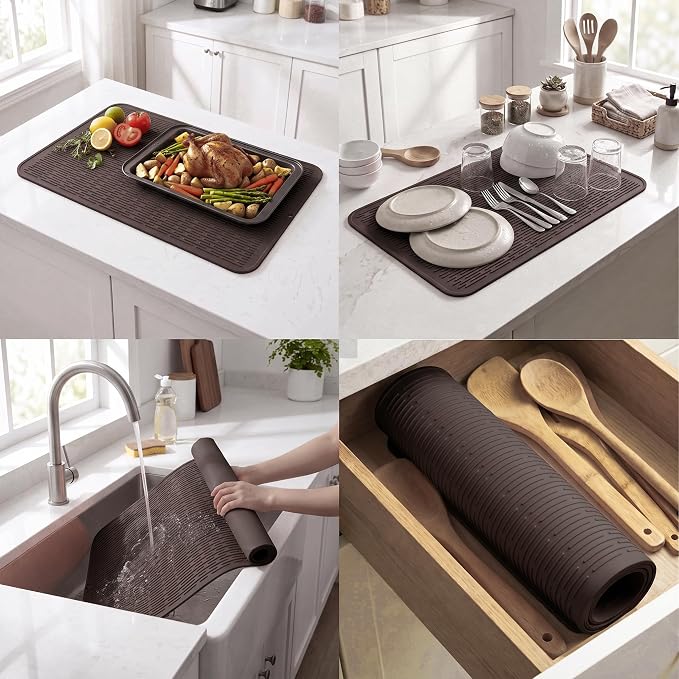 MicoYang Silicone Dish Drying Mat for Multiple Usage,Easy clean,Eco-friendly,Heat-resistant Silicone Mat for Kitchen Counter or Sink,Refrigerator or Drawer Liner Coffee 4XL 32 inches x 18 inches