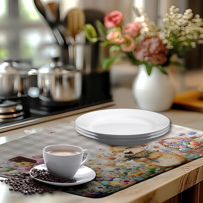 Easter Bunny Dish Drying Mats Spring Floral Dish Mat Easter Cross Eggs Drying Matt Dishes Dryer Pad for Kitchen Counter Absorbent Microfiber Washable Foldable Reusable 18x24 in