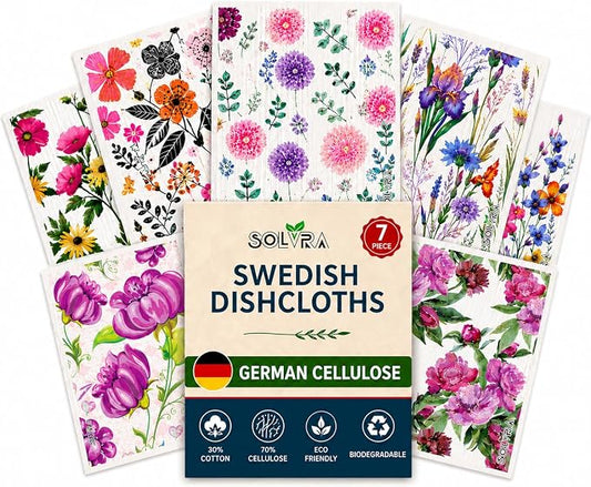 7 PCS Flower Print Swedish Dishcloths for Kitchen 100% Biodegradable, Reusable Cellulose Sponge Cloths Ultra Absorbent, Eco Friendly Cleaning Towels Dishcloths for Washing Dishes & General Cleaning