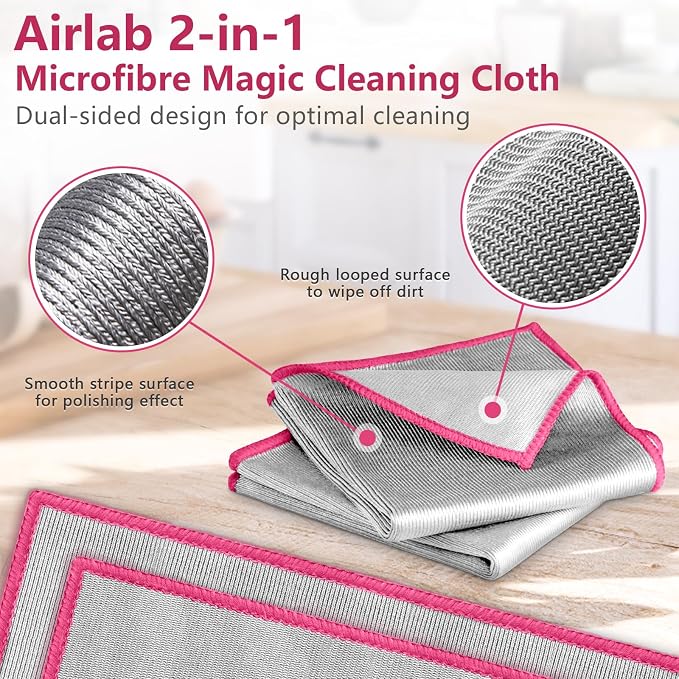 Airlab Glass Polishing Streak Free Miracle Cleaning Cloth, Sliver-Pink | Lint Free Microfiber Cleaning Rags for Glasses Kitchen Dish Mirrors Easy Clean, 12 x 12 Inches, Pack of 6