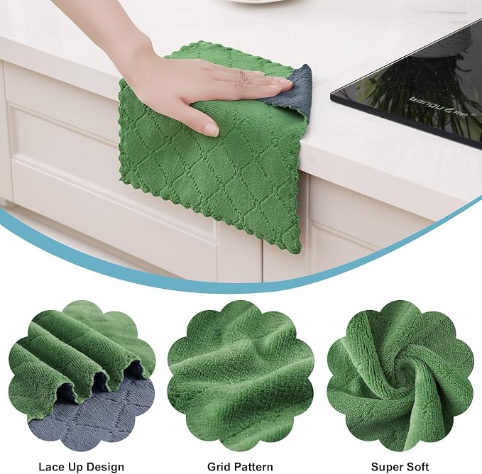 Homaxy 12 Pack Kitchen Cloths Dish Towels (10" x 10", Dark Grey & Grass Green), Super Soft and Absorbent Dish Cloths, Coral Velvet Microfiber Cleaning Cloth, Nonstick Oil Fast Dry Dishcloths