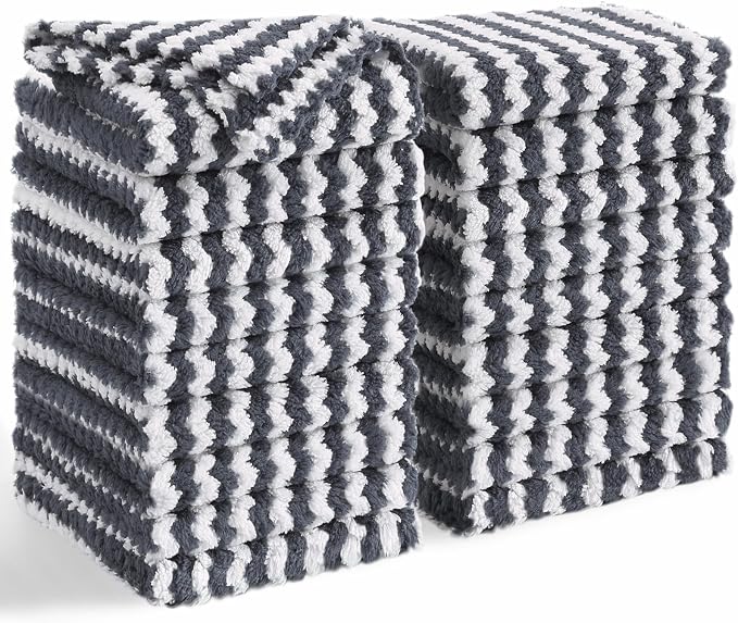 Homaxy 18 Pack Kitchen Dish Cloths, Ultra Soft and Absorbent Dish Towels, Reusable Fast Drying Microfiber Cleaning Cloth, Coral Velvet Wave Design No-lint, 10 x 10 inches, Dark Grey