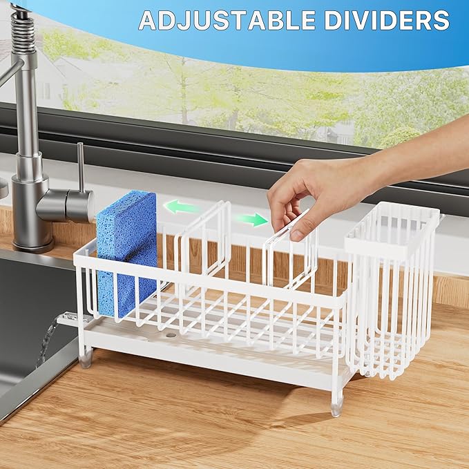 Cisily Sponge Holder for Kitchen Sink, Sink Caddy Organizer with High Brush Holder, Kitchen Countertop Organizers and Storage Essentials, Rustproof 304 Stainless Steel (Cool White, Large)