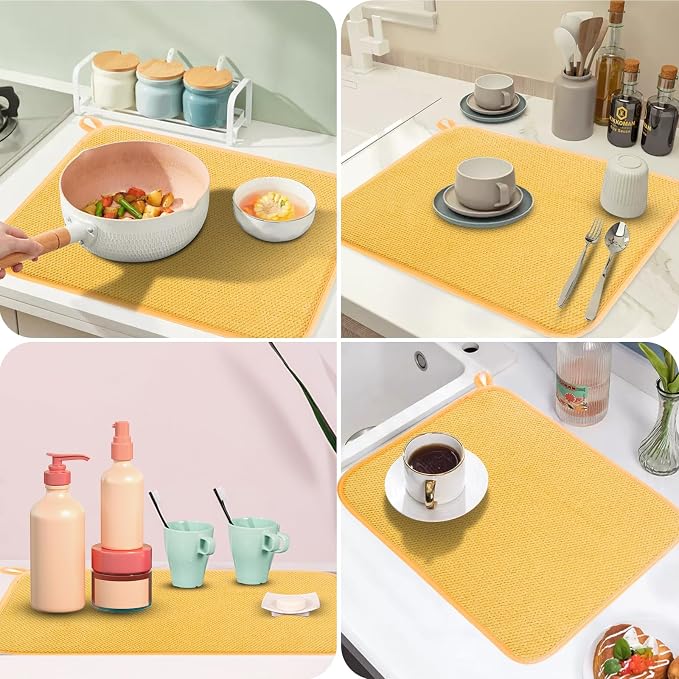 GeeRic Microfiber Dish Drying Mat, Super Absorbent Kitchen Dish Drying Pad, Reversible for Countertop, 15*20 inch Yellow
