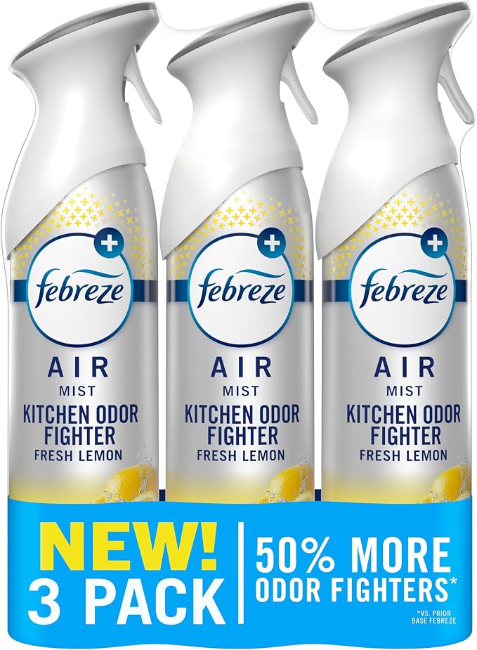 Febreze Air Mist, Air Freshener Spray, Odor Fighting Room Spray, Deodorizer for Home Bathroom Kitchen Office Apartment Dorm Room Classroom, Kitchen Odor Fighter Fresh Lemon Scent, 8.1oz, 3-pack