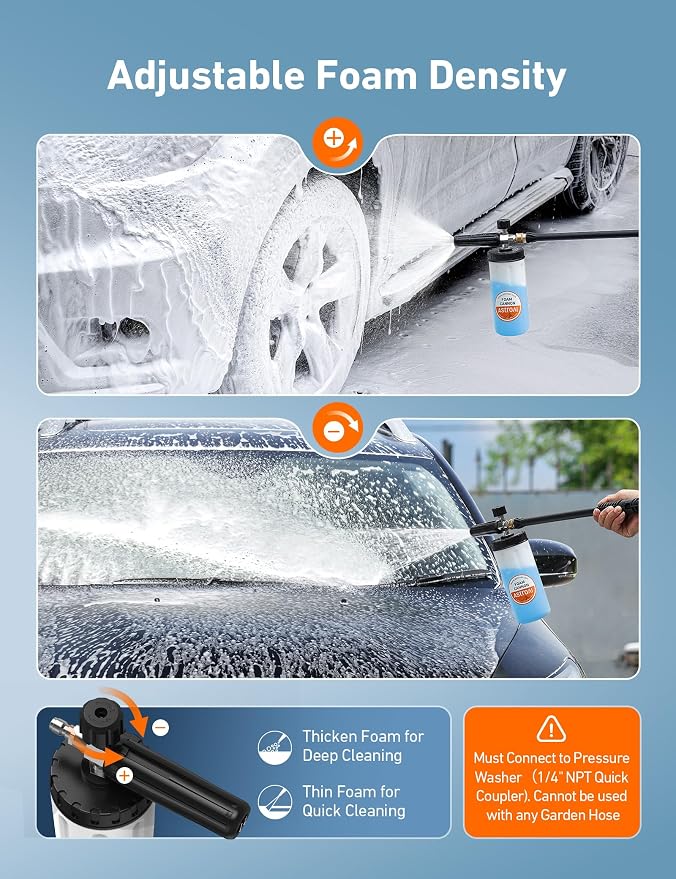 AstroAI Foam Cannon for Pressure Washer with 1/4" Quick Connect Plug, 1 L | Thick Foam, Car Wash, Heavy Duty Durable Foam Sprayer, Wide Neck, Adjustable Foam Lance, Easy Install, Cleaning Accessories